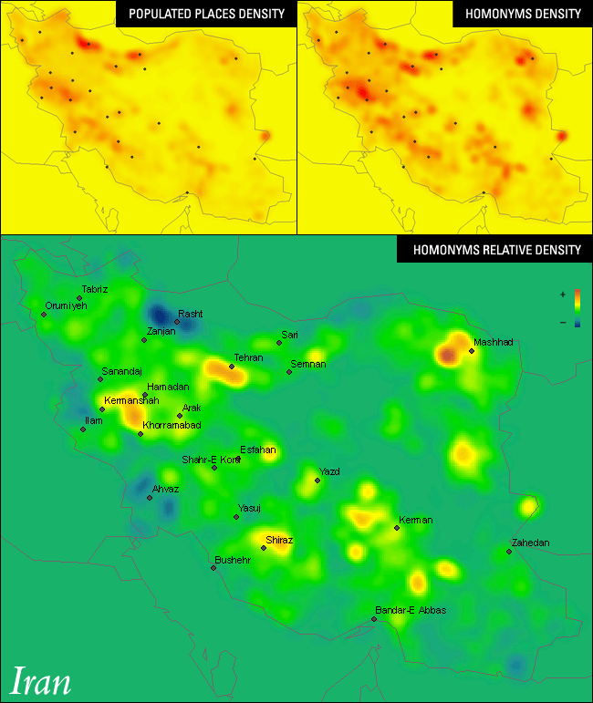 Density of homonymous populated places in Iran.