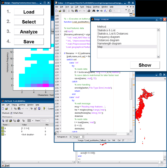 Screenshot of the Kanaga software for geographical homonymy analysis.
