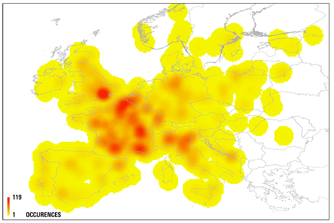 Density map of plague occurencies